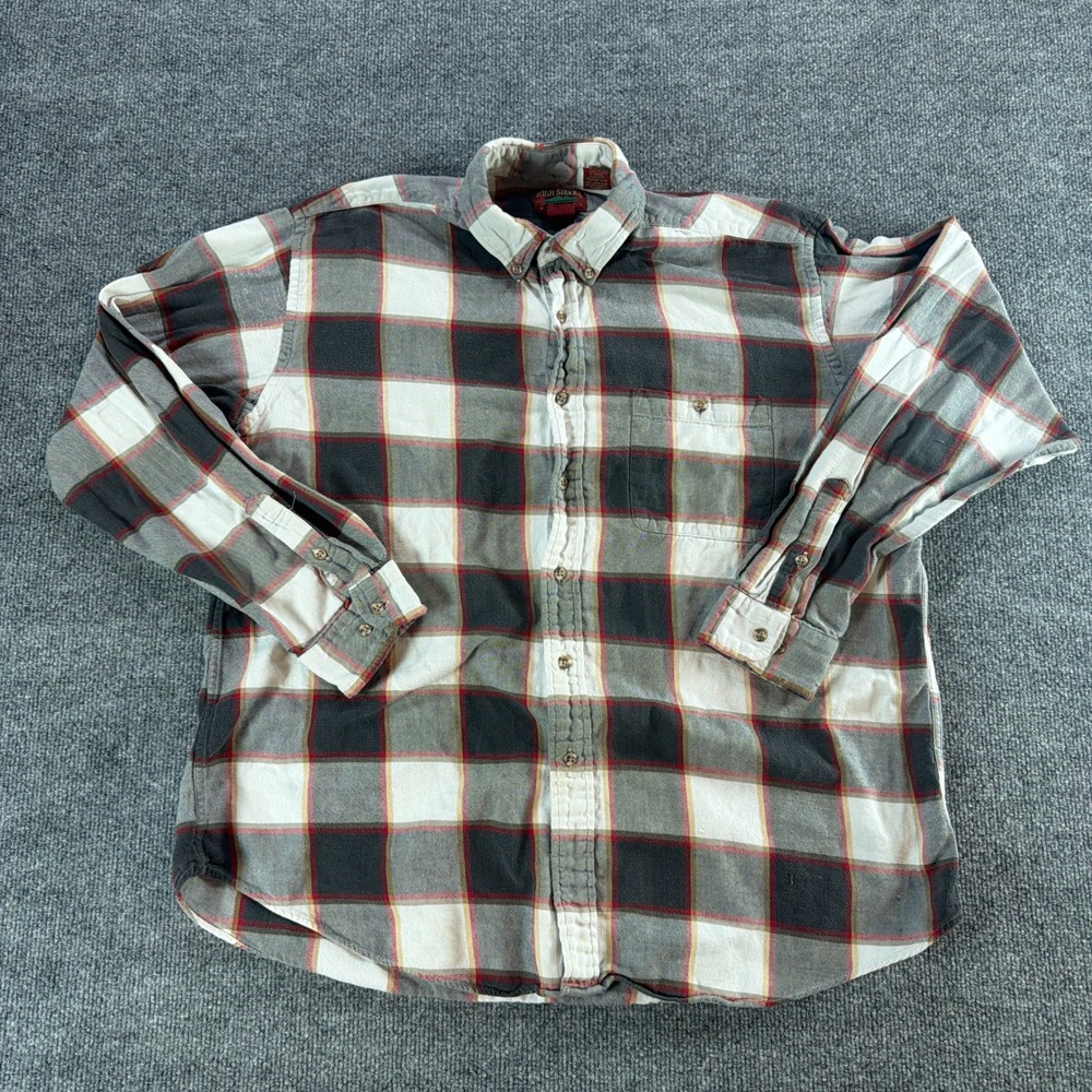 VTG High Sierra Mervyns Mens XL Flannel Shirt Plaid Grey Red Cotton Button Down